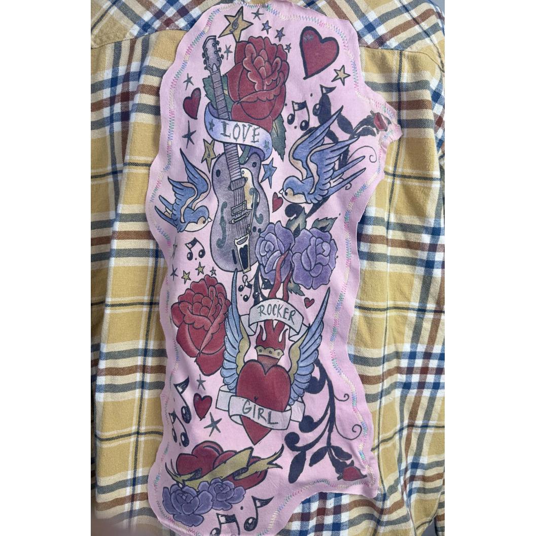 April 25th Flannels Rocker Girl Graphic Sonoma Plaid Upcycled Tattoo Art Grunge